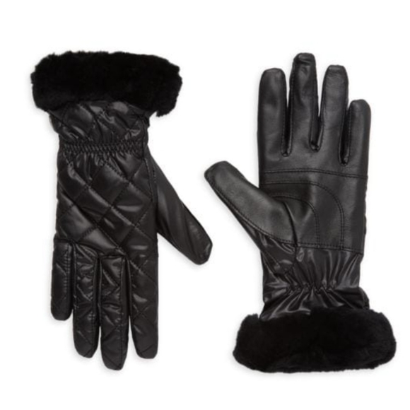 UGG Faux Fur Trim Leather Quited Gloves - Picture 1 of 5